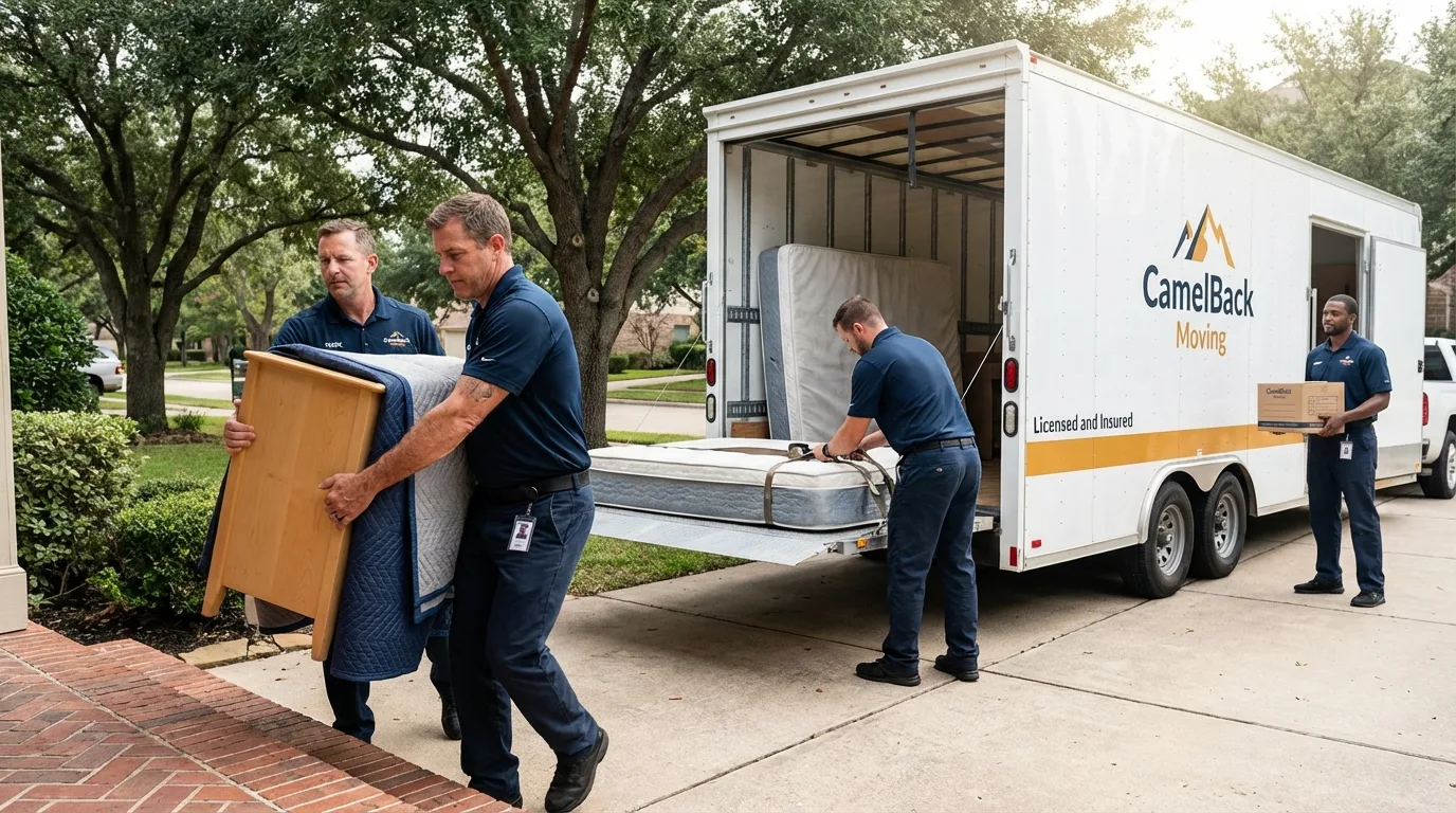 Crew loading residential truck for cross-state move from Moro, OR