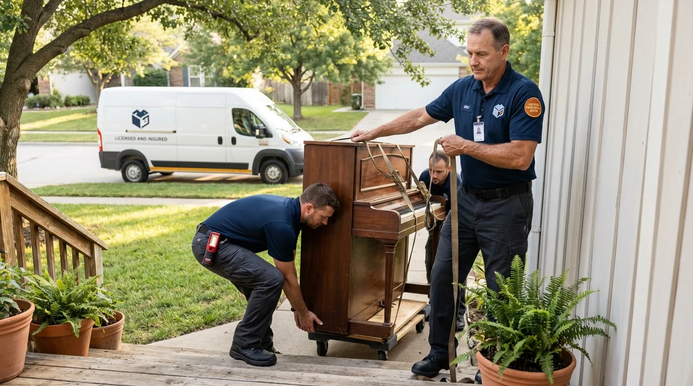 Licensed piano movers securing grand piano in Moro, OR