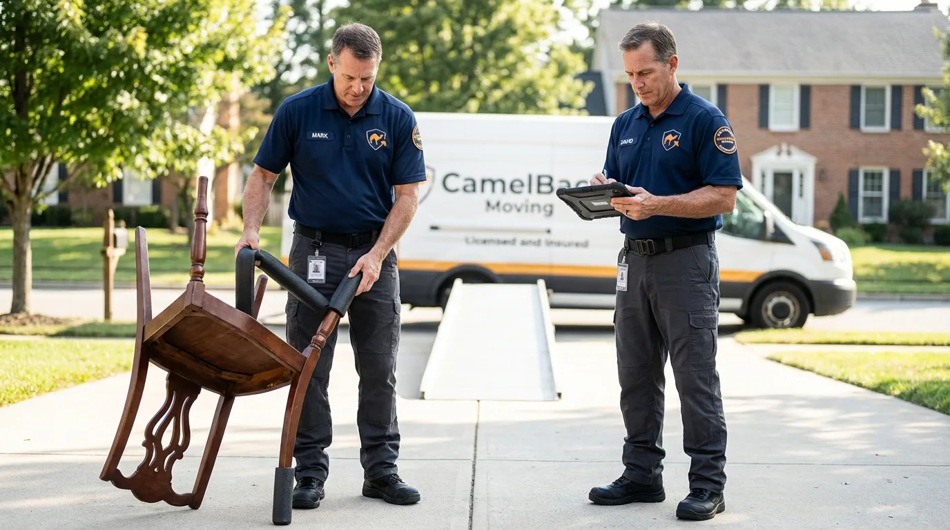 Movers inspecting furniture for damage prevention before loading in Moro, OR